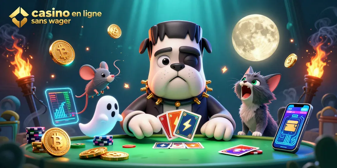 Découvrez un casino en ligne sans wager avec un bulldog cartoon jouant aux cartes dans une scène immersive.