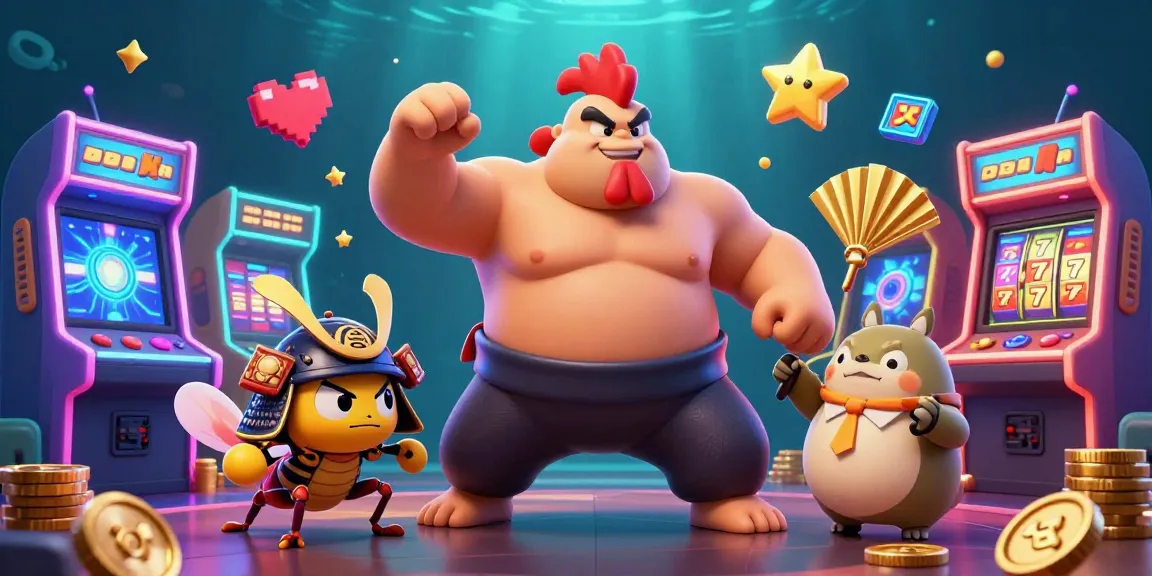 fv88 delivers thrilling slot action featuring a powerful sumo wrestler rooster and samurai cricket in an engaging casino scene.