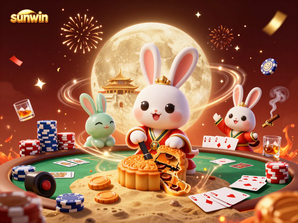 Experience the festive sunwin spirit with a moon rabbit enjoying poker amidst gold and fun!