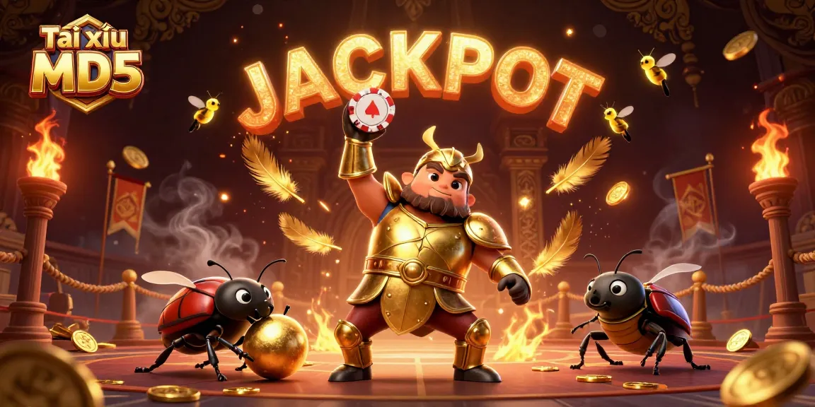 Tài xỉu MD5 engages players with a joyous celebration of luck as a heroic beetle triumphs in a dynamic casino scene.
