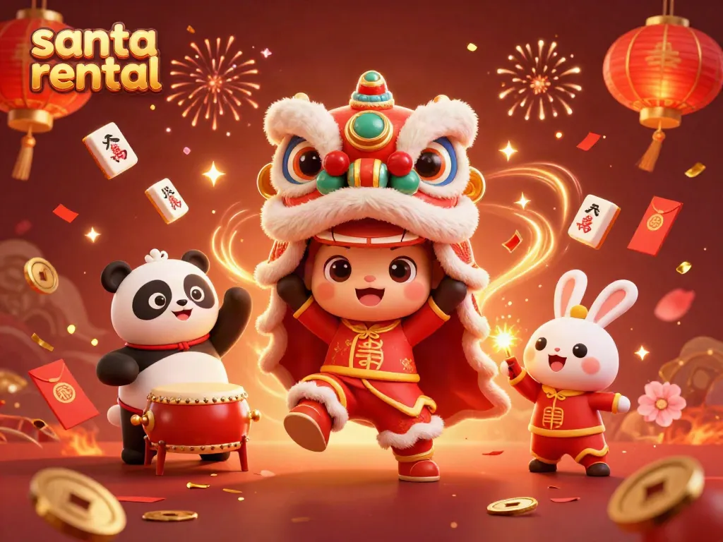 Engaging santa rental scene with festive characters and dynamic gambling symbols