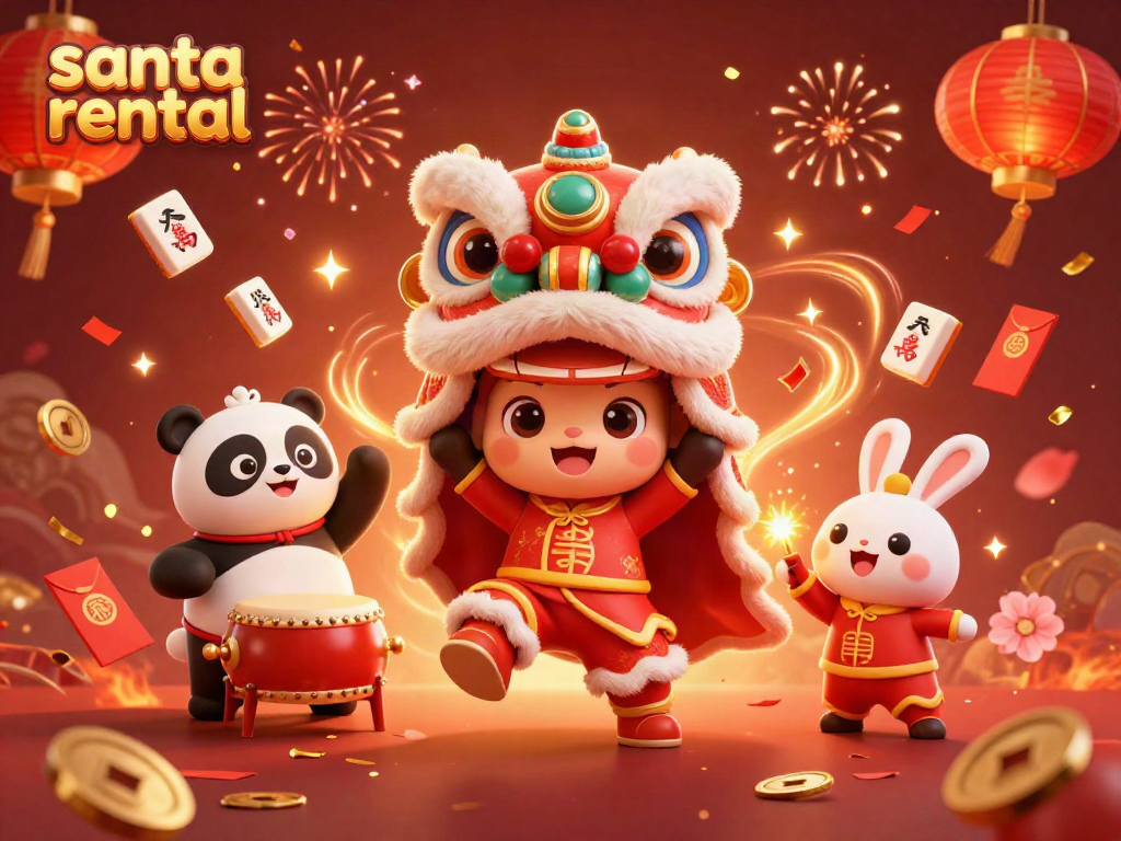 Engaging santa rental scene with festive characters and dynamic gambling symbols