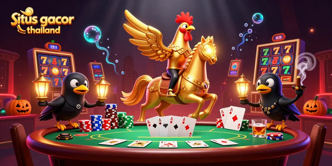 Experience situs gacor thailand with festive golden rooster characters amidst a vibrant casino setting.