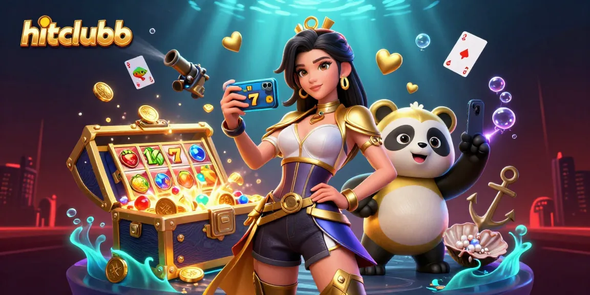 Experience hitclubb excitement with a glamorous Asian woman and panda mascot among slot games and golden treasures.