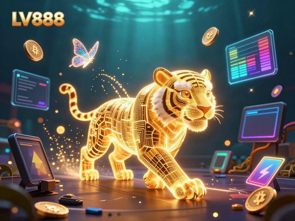 Engage in thrilling gaming with LV888, featuring a dynamic digital casino scene filled with vibrant neon elements and cryptographic symbols.