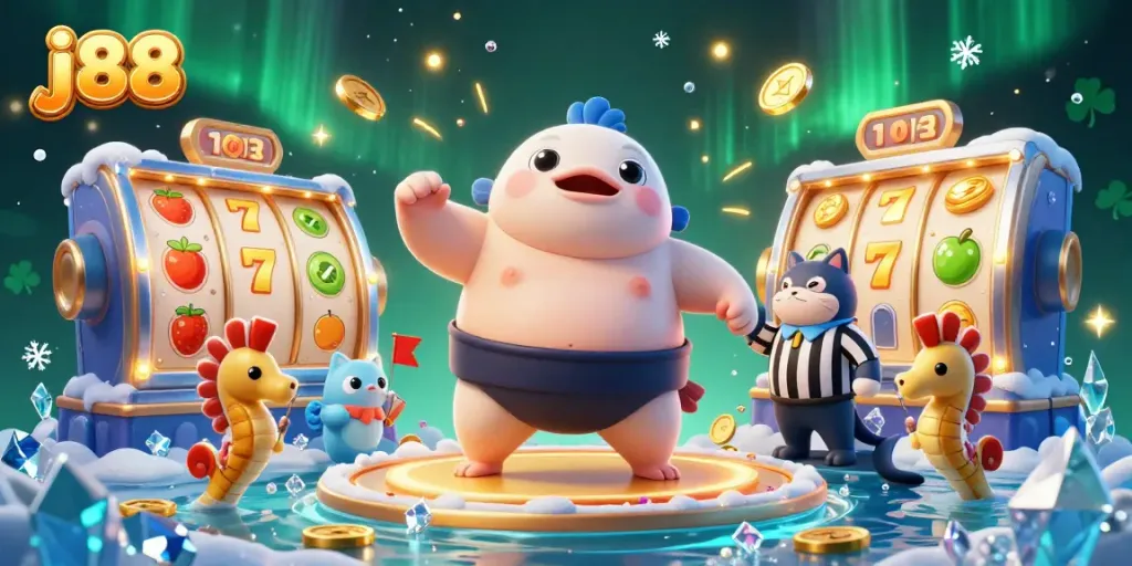 Experience thrilling j88 slot action with a vibrant underwater setting featuring fugu and catfish referees.
