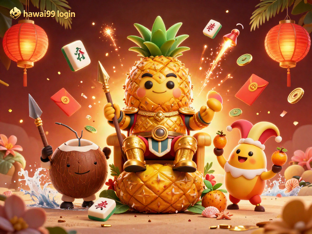 Engage with the exciting hawai99 login scene featuring a golden pineapple king and whimsical casino elements.