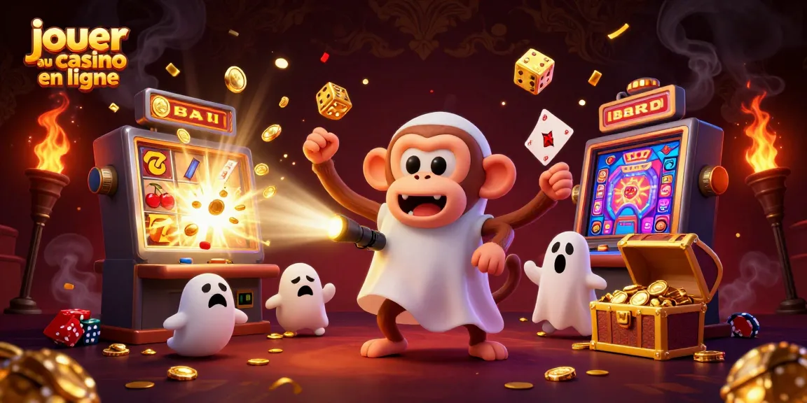 Jouez au casino en ligne avec un singe amusant et un chiot chasseur de fantômes dans une scène de casino animée.