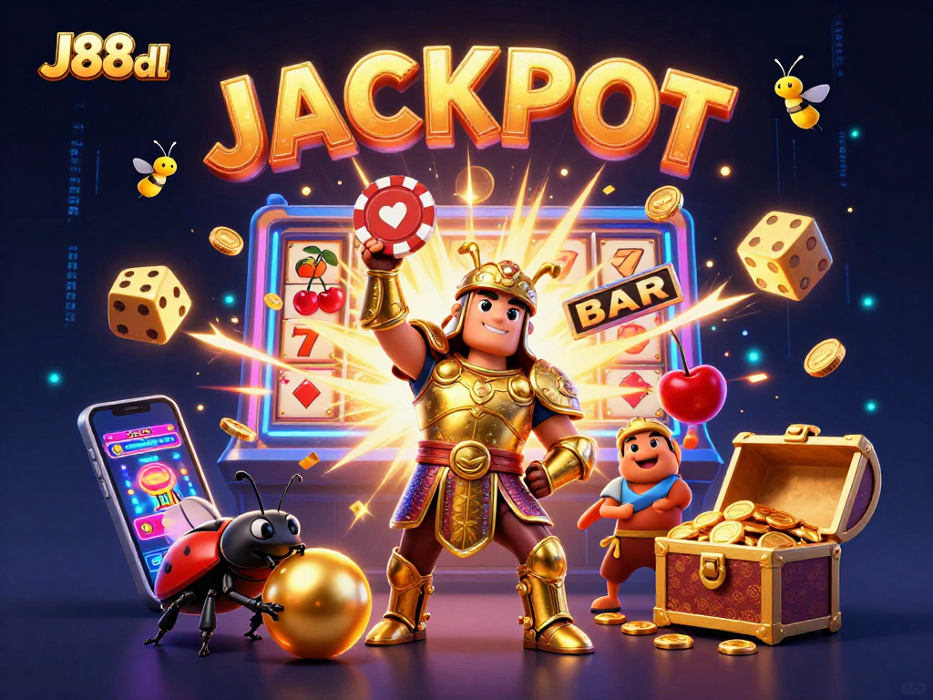 Engage in J88dl's vibrant jackpot scene with cartoon heroes celebrating wins in a dazzling casino.