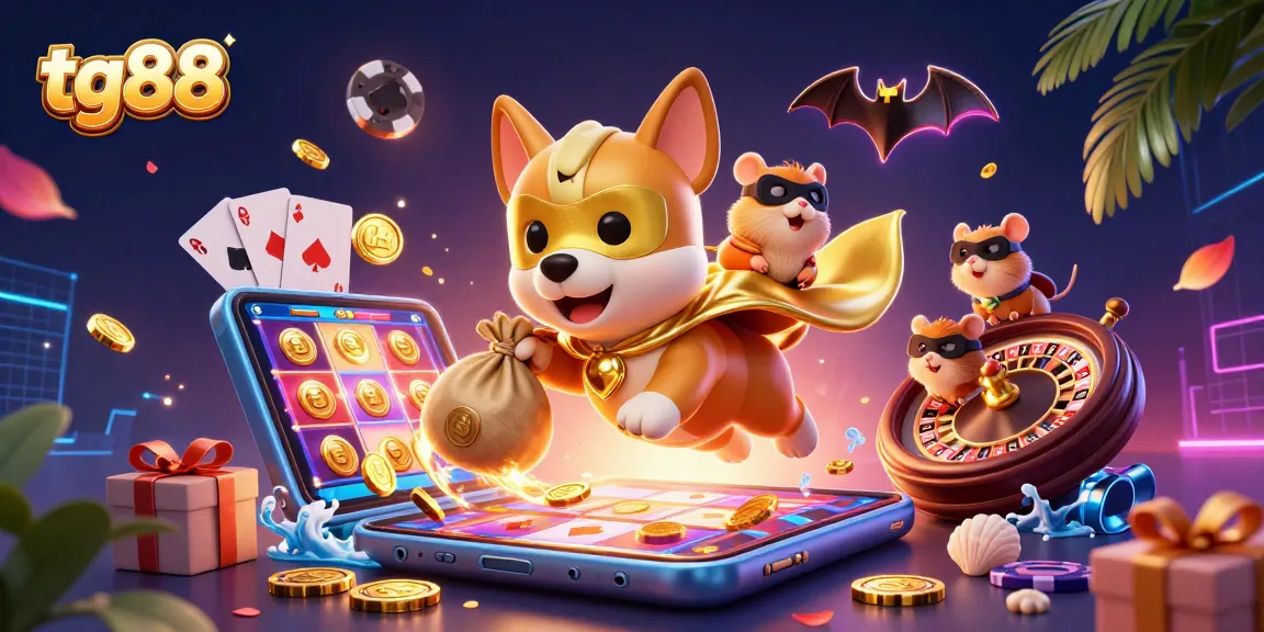 Win big with tg88 in this vibrant casino illustration featuring a superhero dog and exciting gaming elements.