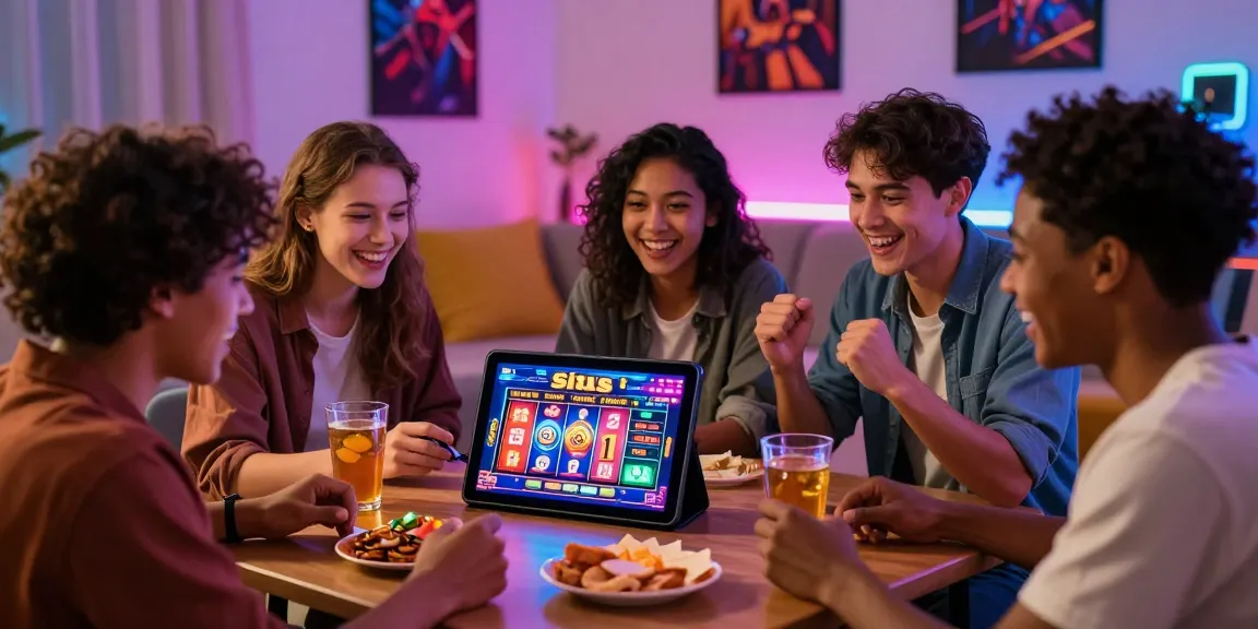 Diverse friends enjoying situs slot games on a tablet in a cozy living room setting, vibrant gaming atmosphere.