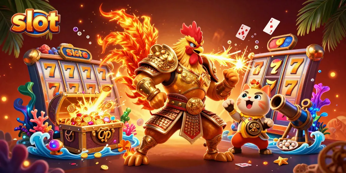 Engage with thrilling slot action featuring a fierce rooster warrior alongside a dragon hatchling and a fortune cat mascot.