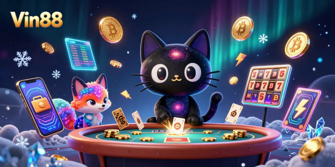 Win big with Vin88 at a cosmic casino featuring a black hole cat and a nebula fox surrounded by glowing crypto coins