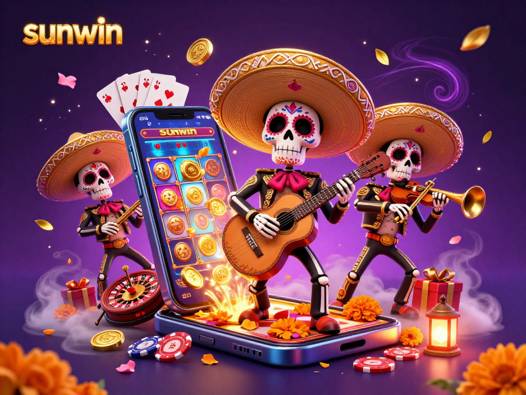 Engage with sunwin as vibrant mariachi skeletons celebrate in a colorful casino scene.