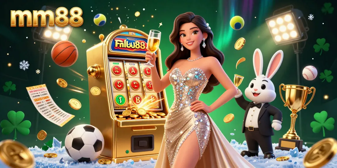 Engage in thrilling casino action with mm88 at a vibrant jackpot celebration featuring 3D characters and flying sports elements.