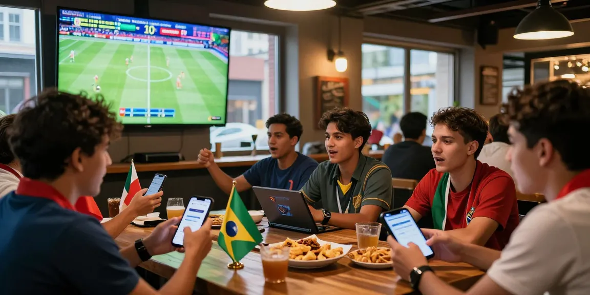 Excited fans engaging with Gacor25 for World Cup betting in a vibrant sports bar setting.