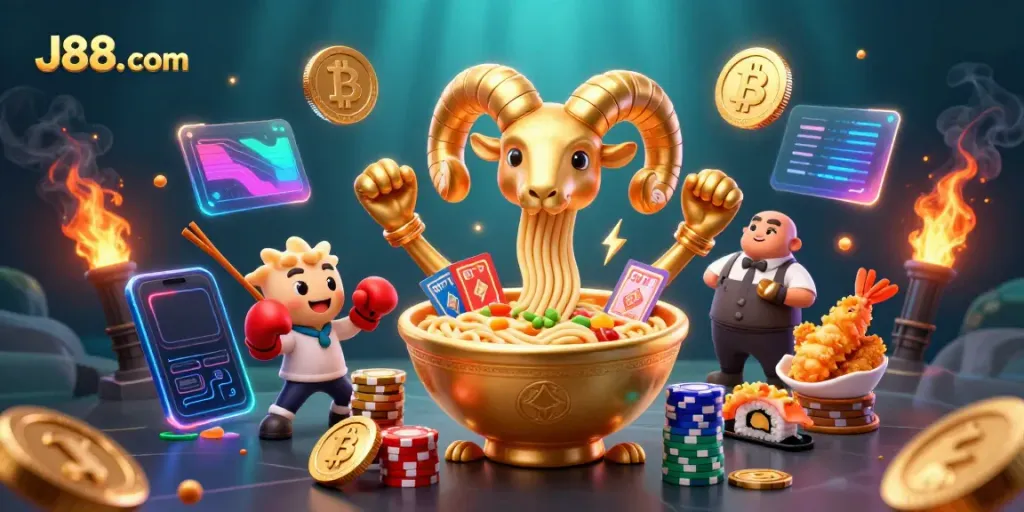 Engage with exciting gaming action at J88. com, featuring vibrant 3D cartoon characters and dynamic gambling elements.