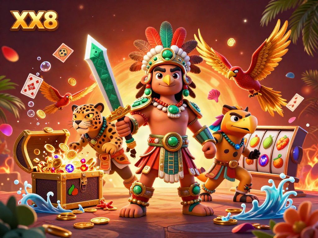 Engage with the immersive casino experience of XX8 featuring Aztec warriors and vibrant symbols.