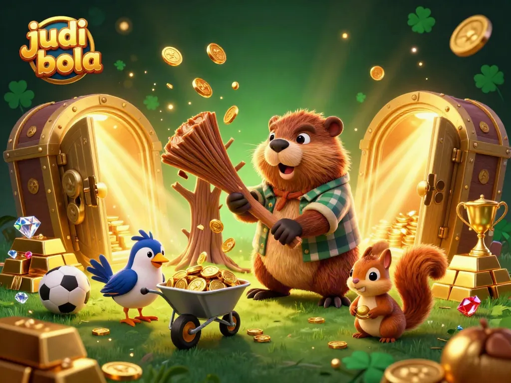 Experience thrilling judi bola action with a lively scene of a beaver, bird, and squirrel surrounded by golden coins and sports betting elements.