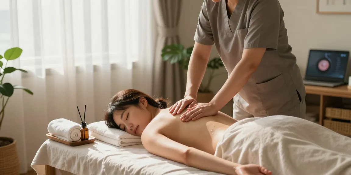 Korean massage therapist providing 관악구출장안마 in a cozy, serene home environment with aromatic oils and soft lighting.
