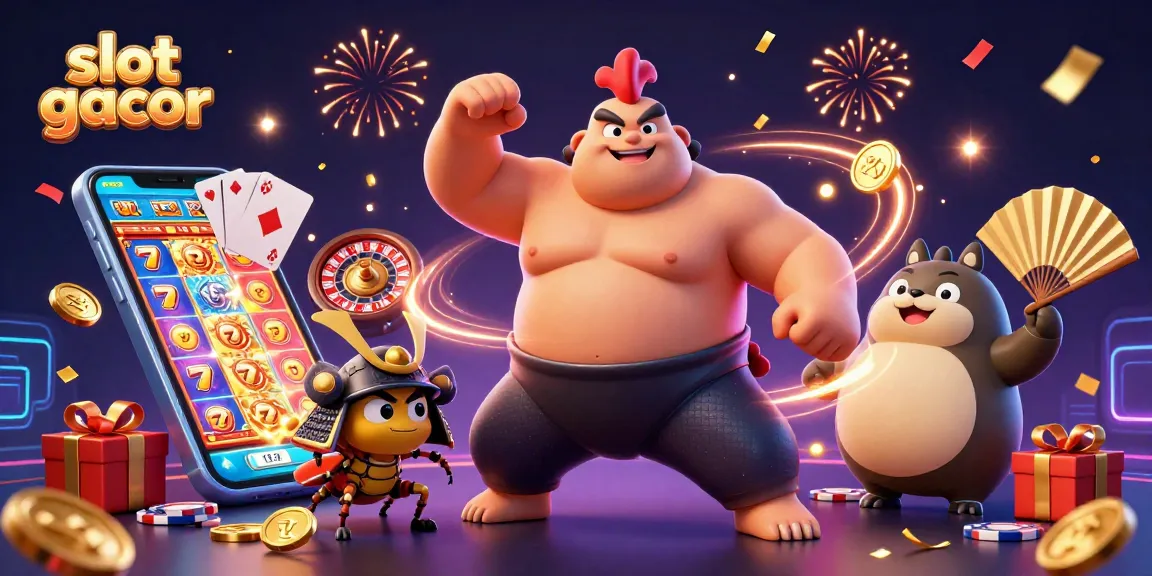 Slot gacor menyuguhkan ilustrasi kasino dengan ayam sumo, pemain, dan elemen perjudian lainnya.
