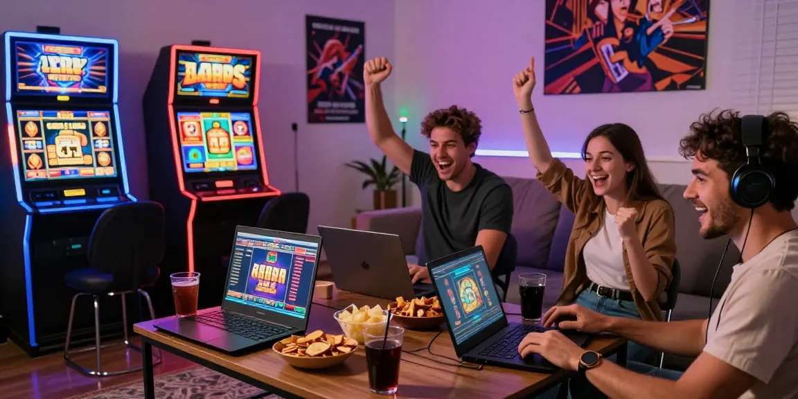 Friends celebrating a win while playing link slot games online together in a cozy living room.