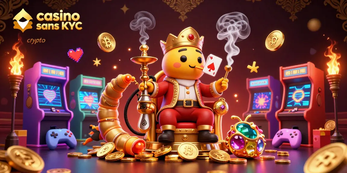 Jouez dans un casino sans KYC crypto avec une riche illustration d'une chenille majestueuse et des éléments de jeu colorés.