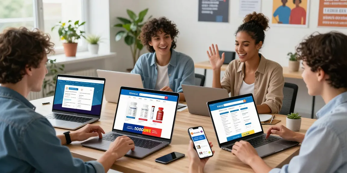 Engaging shopping scene at Astera Shop with diverse customers browsing steroids online in a modern workspace.