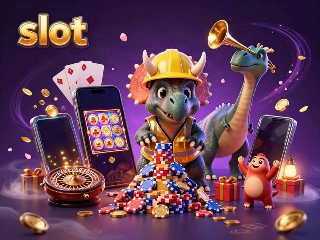 Celebrate big wins with slot games in a vibrant casino scene featuring joyful dinosaurs.