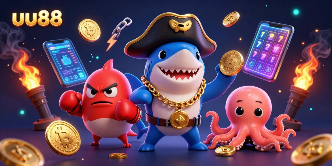 Engage with uu88's thrilling gaming world, featuring a pirate shark, boxing pufferfish, and octopus with gold coins.
