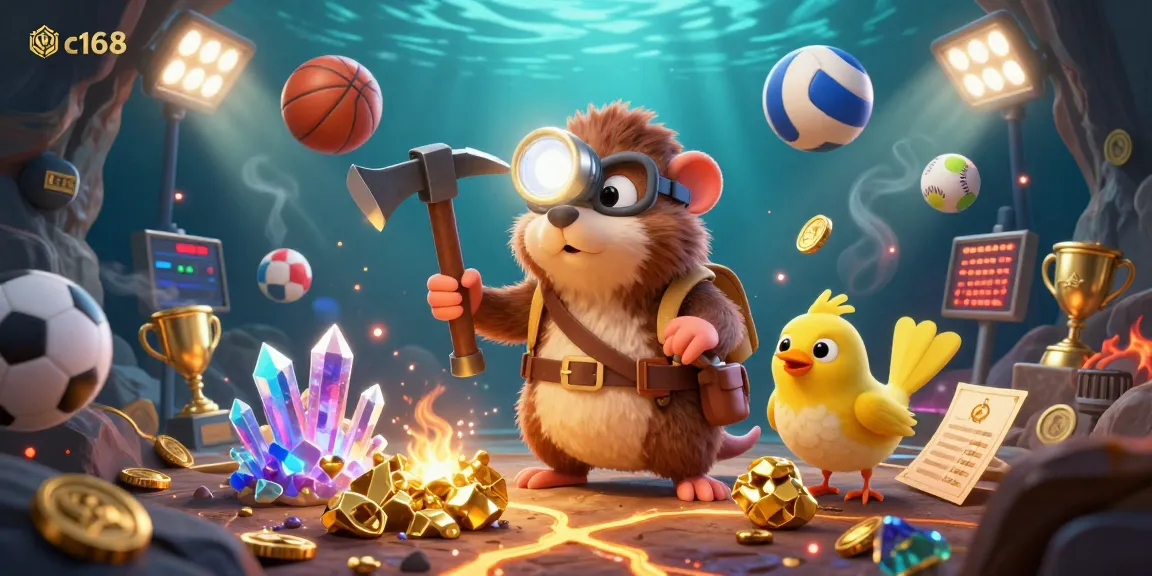 Experience thrilling gaming with c168 in this vibrant casino scene combining elements of sports and treasure hunting.