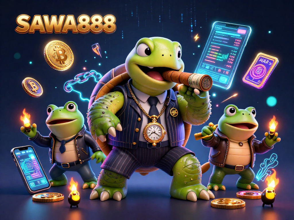 SAWA888 captures the excitement of gambling with a dynamic scene featuring a snapping turtle and bullfrog enforcers.
