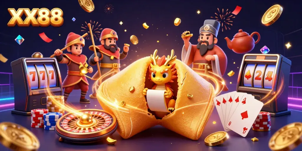 Experience the excitement of XX88 with a vibrant scene showcasing golden coins, casino games, and enchanting characters.