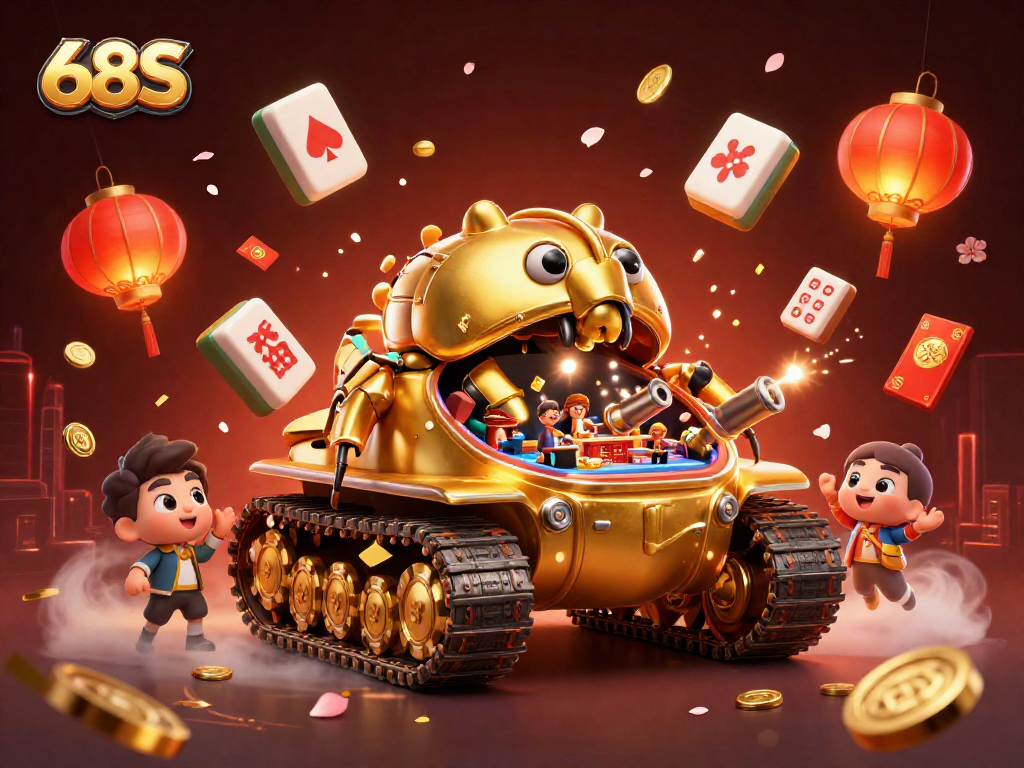 68S apresenta um tanque de besouro dourado com um cassino em miniatura, rodeado de elementos de jogos vibrantes.