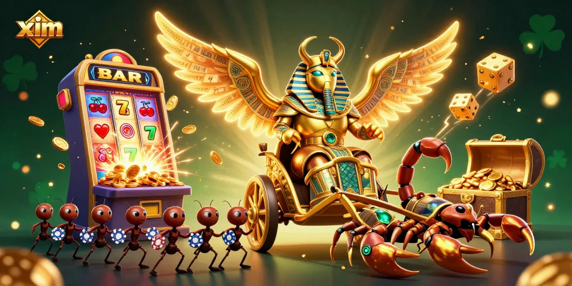 Engage with exciting casino games at xim, featuring a dynamic 3D scene of jackpots, scarab beetles, and gameplay action.