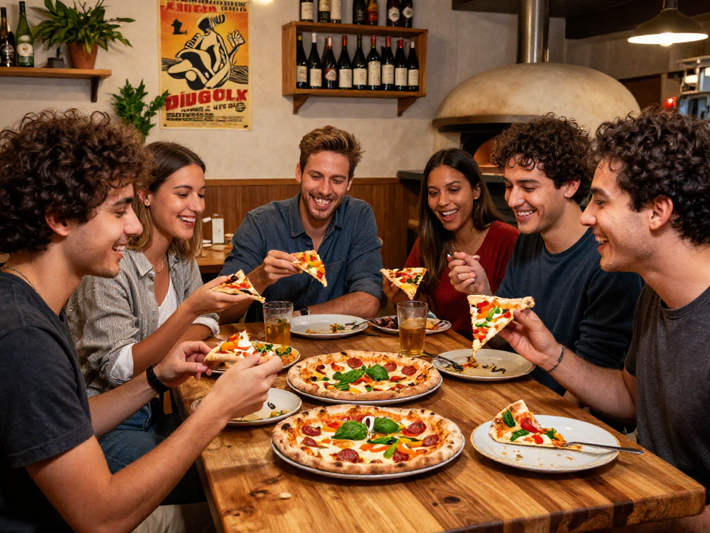 Group of friends sharing delicious pizzas at a lively pizzeria slot