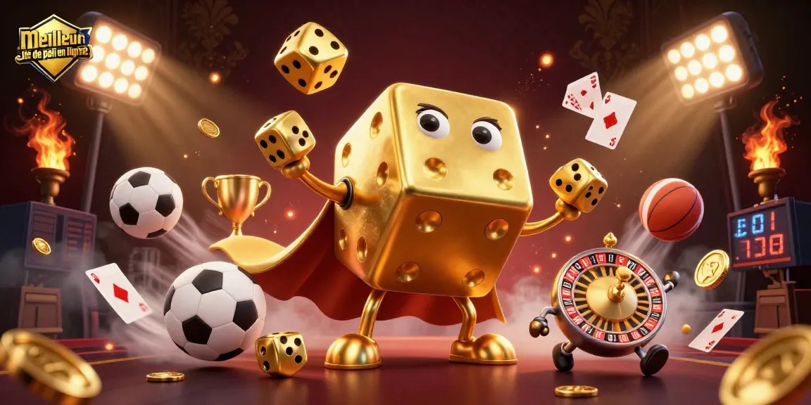 Le meilleur site de pari en ligne met en scène des dés d'or et des éléments sportifs dynamiques.