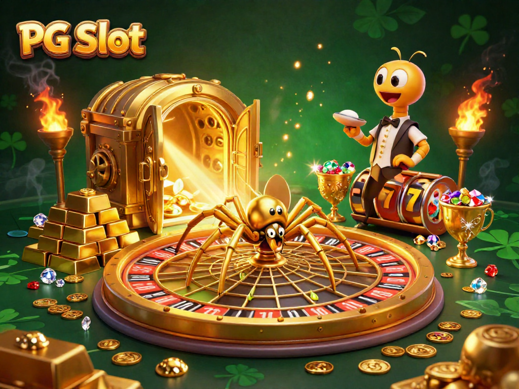 Bet on PG Slot amidst a colorful, golden casino scene with a roulette wheel and treasure