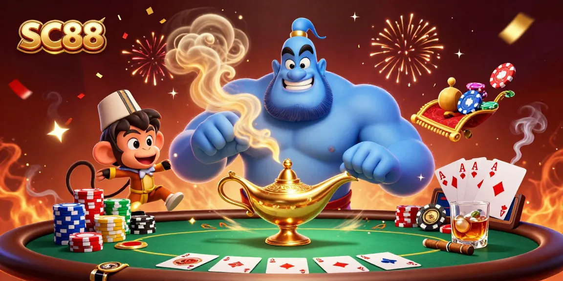 Engage with SC88 as the blue genie and monkey add excitement to a vibrant gaming scene.