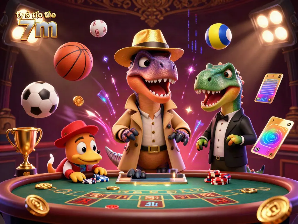 Tỷ số trực tuyến 7m animated scene showcasing a velociraptor card counter with sports balls and casino elements.