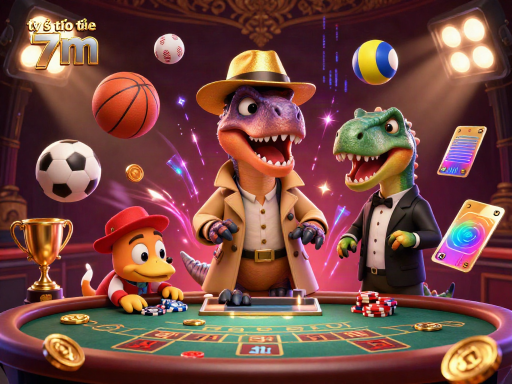 Tỷ số trực tuyến 7m animated scene showcasing a velociraptor card counter with sports balls and casino elements.