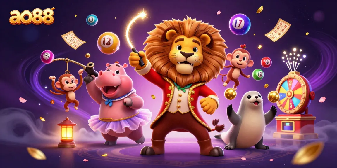 Engage with ao88's lively circus characters amidst colorful gambling elements in a vibrant casino scene.