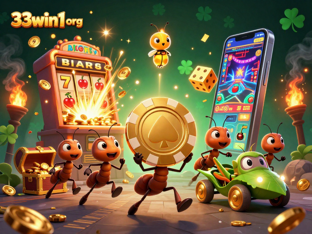 Experience the thrilling heist of 33win1 org with ants and jackpot symbols in vibrant casino action.