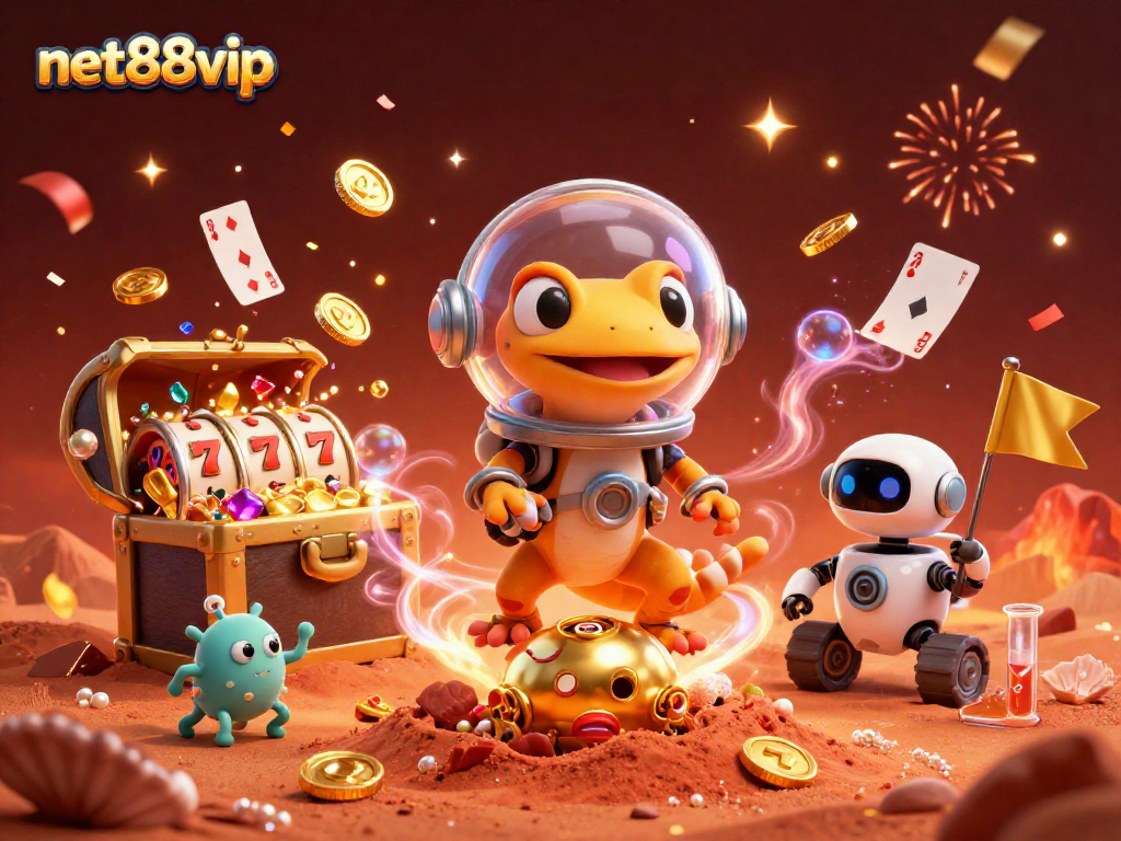 Experience net88vip's thrilling casino adventure with a Martian gecko and treasures from a golden casino.