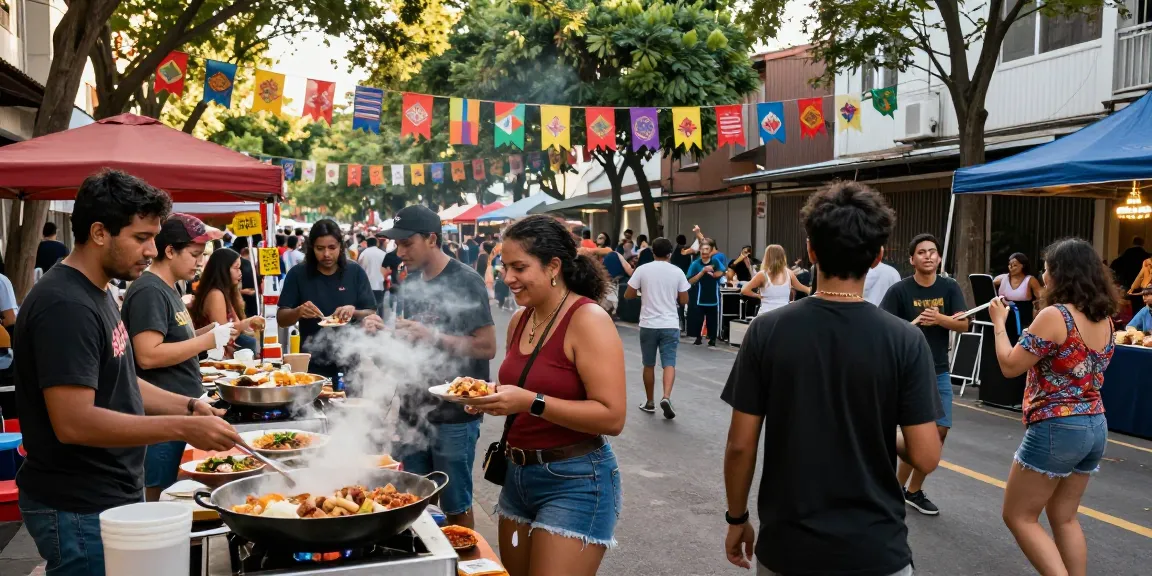 Motchill street festival scene with diverse friends enjoying local food and music.