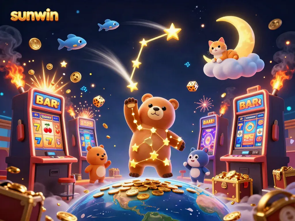 Scoop coins from Earth below with sunwin and constellation bear in a vibrant casino scene.