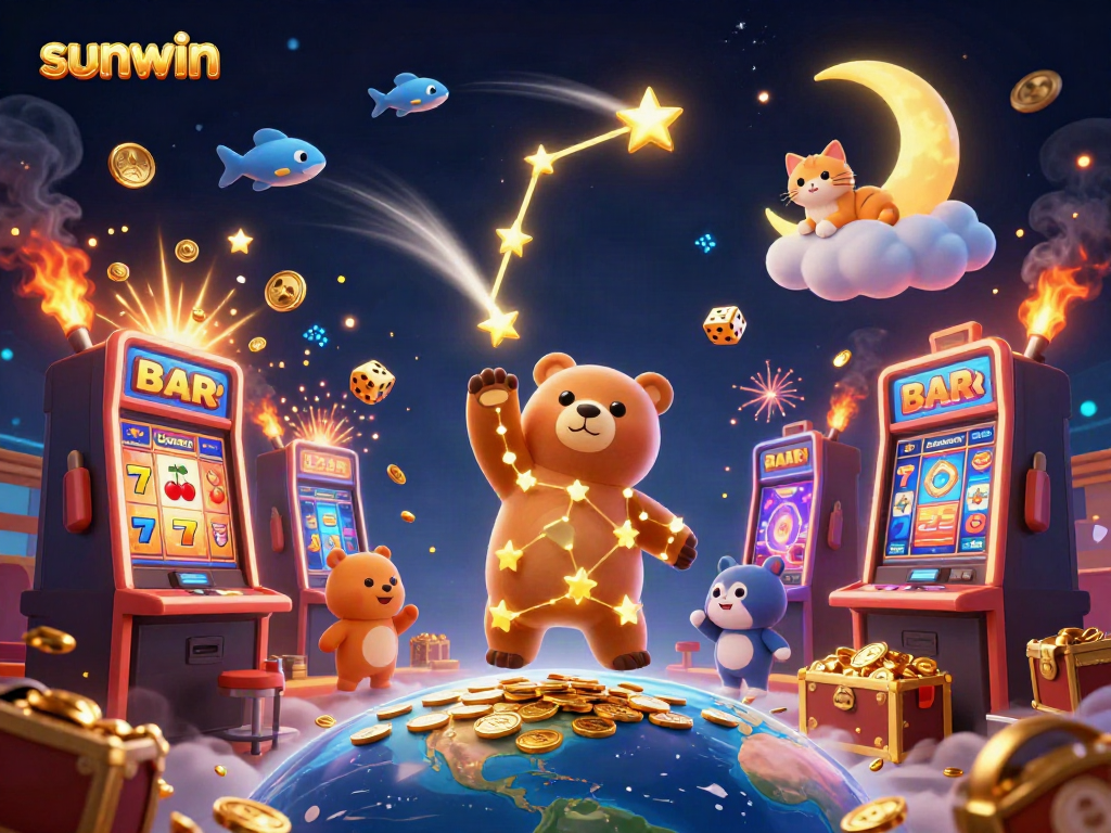 Scoop coins from Earth below with sunwin and constellation bear in a vibrant casino scene.