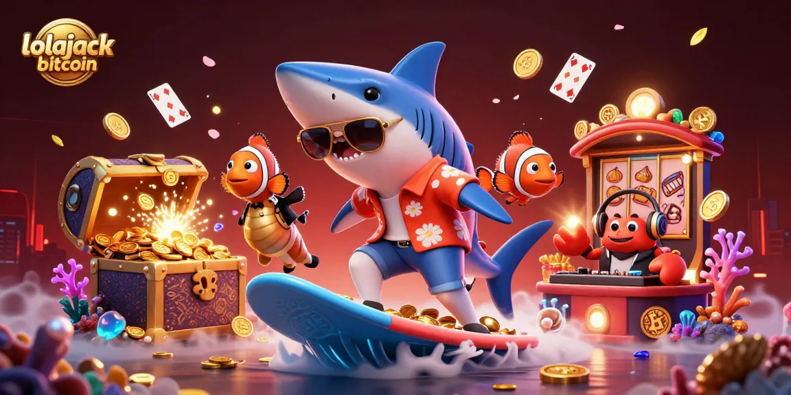 Experience the excitement of lolajack bitcoin as a shark surfs on gold coins surrounded by colorful gambling elements.