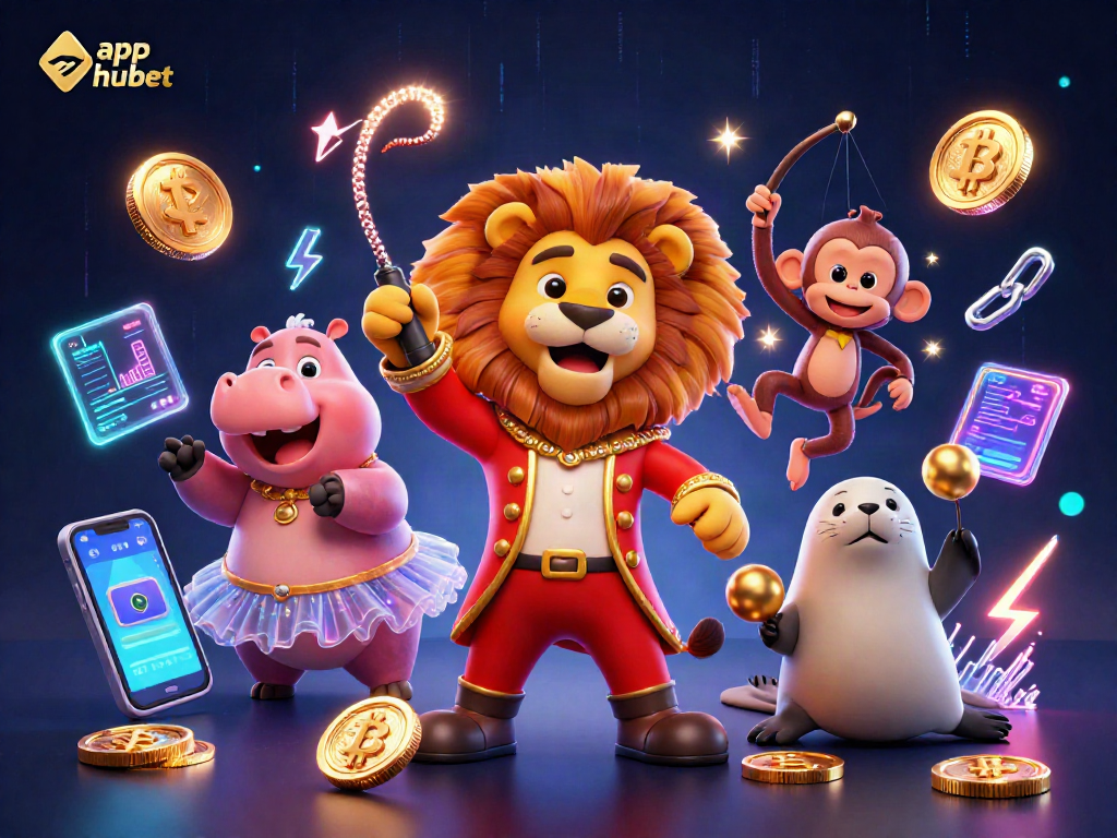 Engage with app hubet for thrilling casino experiences, featuring lively circus characters amidst digital excitement.