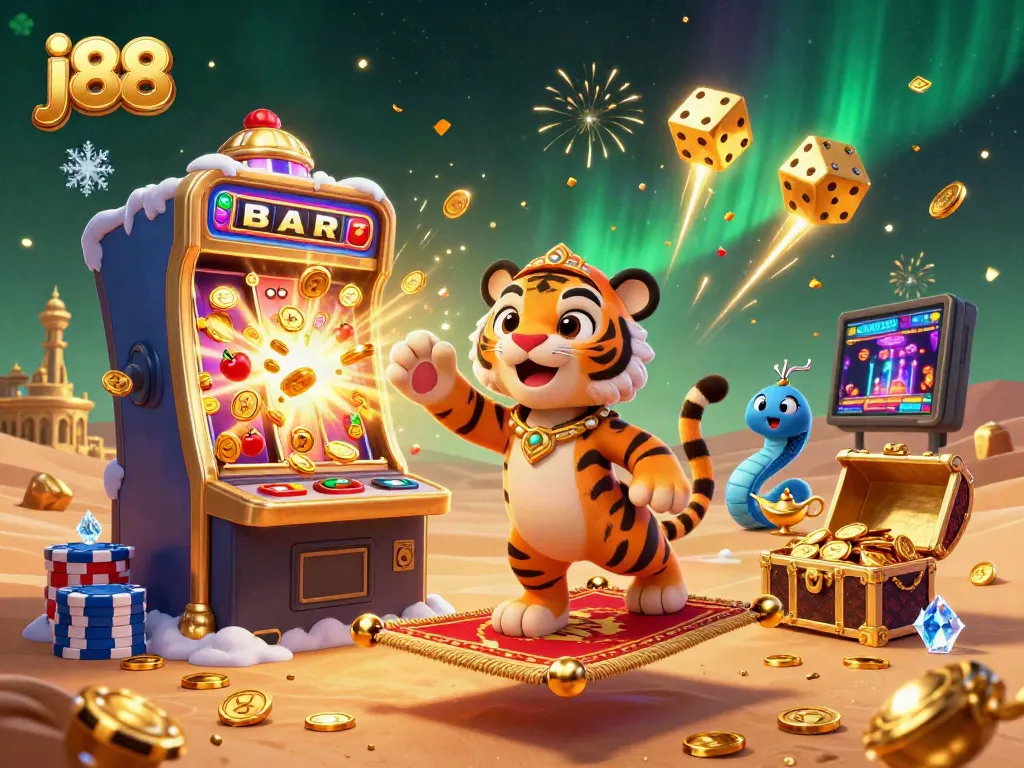 Engage in thrilling j88 casino action with a vibrant illustration of a tiger sultan amidst jackpot winnings.